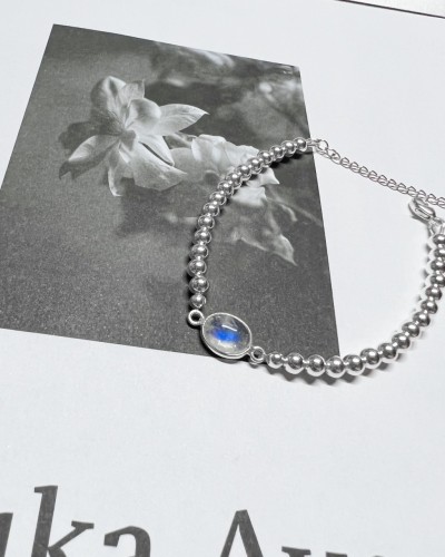 925銀鑲嵌橢圓月亮石純銀珠手鏈  - 925 silver moonstone charm silver beads bracelet