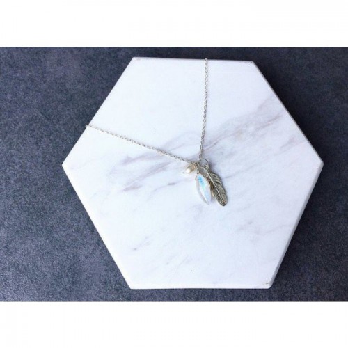 925純銀馬眼形月亮石羽毛頸鏈 - 925 silver marquise moonstone with feather necklace #10038