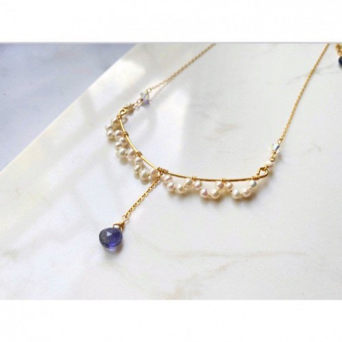 14K注金淡水珍珠蕾絲配自選晶石頸鏈 - 14k gold filled freshwater pearls lace & stone necklace #10008