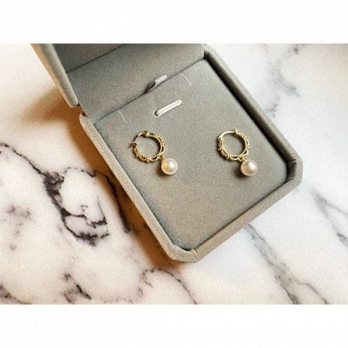 925銀鍍金淡水珍珠蕾絲耳圈 Gold plated 925 silver round Grade B freshwater pearls ear hoops #10003
