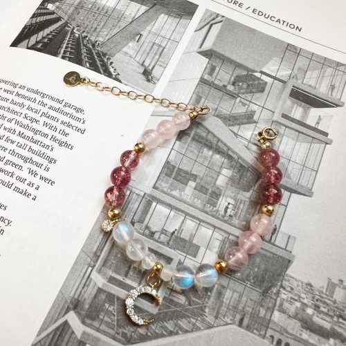 月亮石草莓晶粉晶14k注金手鏈 moonstone ,stawberry quartz and rose quartz 14kgf bracelet #10053
