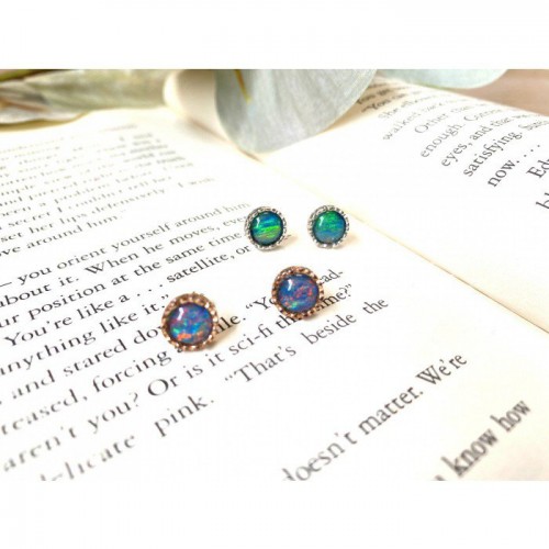 澳洲歐泊圓形925銀鍍玫瑰金復古耳環 （???? ???????)⁣ - Australian Opal Triplet rosegold plated 925 earrings #10035